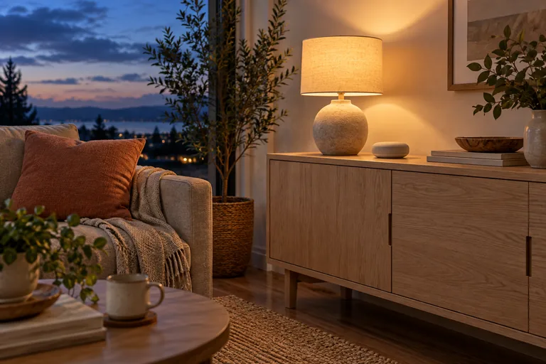 A warm living-room corner with a table lamp and small speaker.